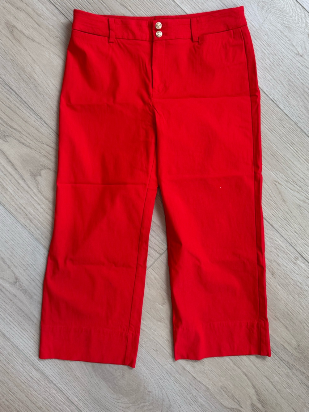 Chico's Red Ponte Capri Pants with Gold Button Detail